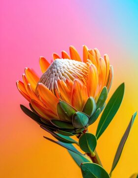 A close-up shot of an orange protea flower against a vibrant, gradient background.