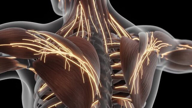 Detailed 3D visualization of the human nervous system in the upper back and shoulders.