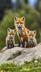 Fototapeta premium Charming Red Fox Family Portrait Featuring a Mother and Two Playful Cubs on a Scenic Rock Outcrop