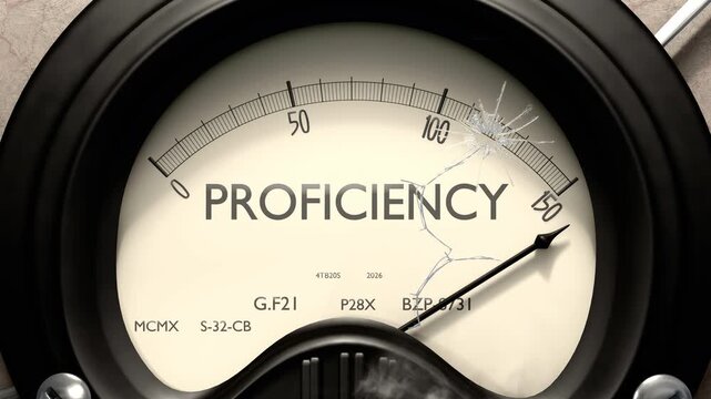 Proficiency meter showing big levels of proficiency. Dangerously increasing high values of proficiency, critical overload. Too much, off the charts. Max proficiency