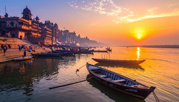 Boats on the Ganges River at Sunrise