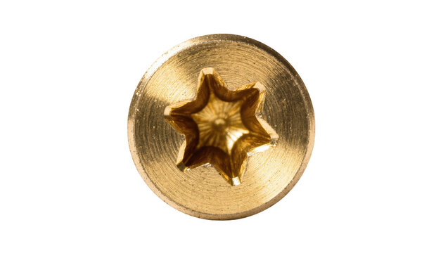 Gleaming golden brass screw head with a detailed star-shaped Torx drive for secure fastening