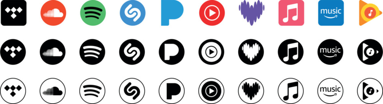 Spotify, Apple music, Amazon Music, Tidal, Pandora, Deezer, Soundcloud, Shazam - Music apps and services logo collection on a transparent background.