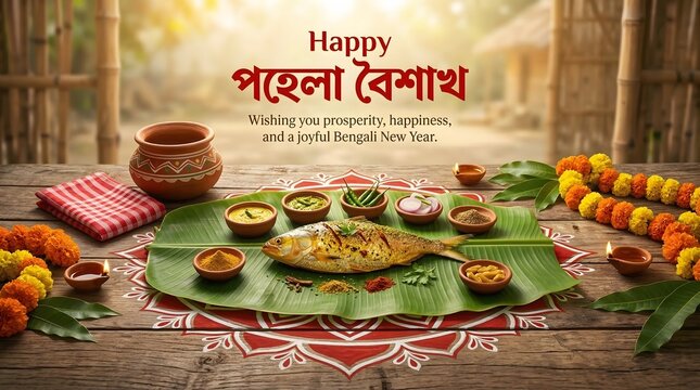Traditional bengali new year celebration with food on banana leaf