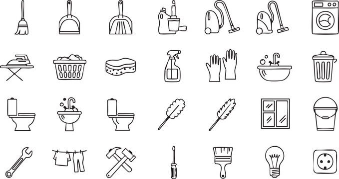 Black and white line of various household and tools household tools line black and white