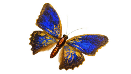 Vibrant blue and gold butterfly specimen with shimmering wings and delicate antennae © Radovan