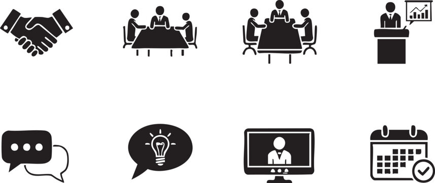 Black and white meeting including handshake people talking at table lightbulb chat speech computer monitor calendar