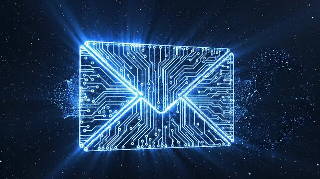 Glowing Digital Email Envelope Icon Forming in Abstract Space With Circuit Board Design