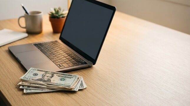 US dollar bills next to a laptop on a wooden desk, symbolizing financial success and remote work