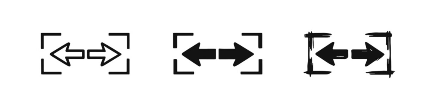 Expand and resize arrows in brackets icons. Scale measurement vector symbols. Width adjustment set in outline, solid, and sketchy styles.