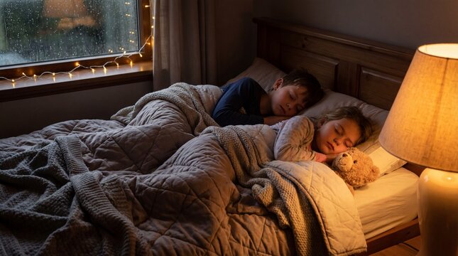 Children sleeping peacefully in cozy bedroom with warm lighting