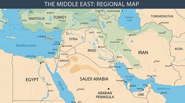 Detailed Political Map of the Middle East Region with Country Borders