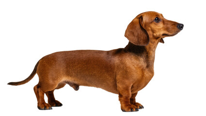 Charming short-haired red dachshund dog stands calmly in profile, a loyal pet portrait © Trym