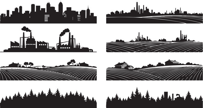 Black and white silhouettes of city skylines and rural landscapes industrial farm forest