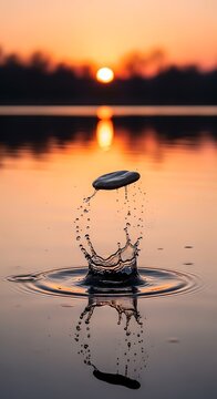 Stone skipping across serene lake water at sunset creating ripples and splash