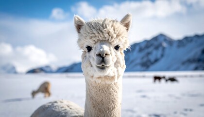 Fototapeta premium A fluffy, white alpaca with a curious gaze, against a snowy landscape and majestic mountains under a bright blue sky