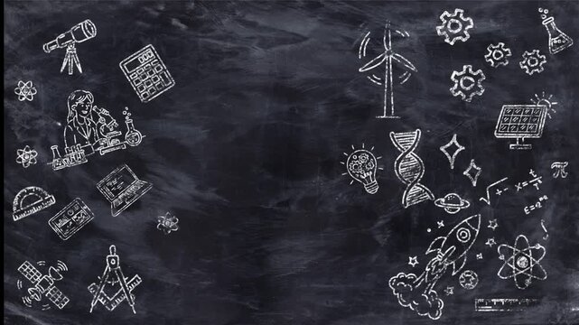 Science education background animation with hand drawn chalk icons appearing on blackboard