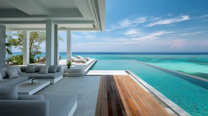 Fototapeta premium Luxury modern beachfront villa living space with open concept design and infinity pool overlooking ocean, bright natural light, tropical resort lifestyle