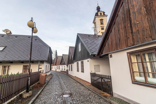 Traditional houses in Chaloupky street in Rychnov nad Kneznou, Czechia