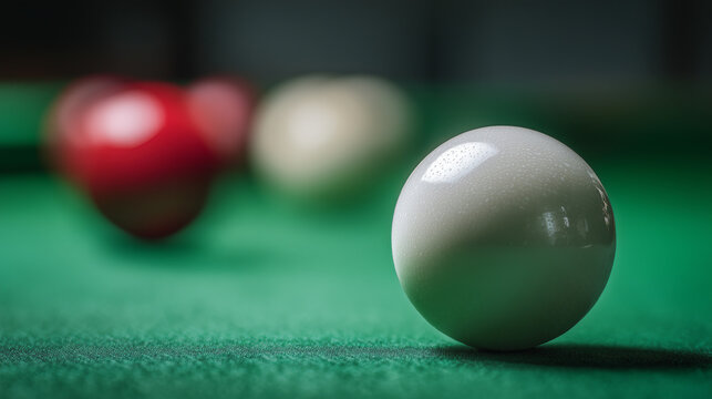 Macro close up sports photo of a white cue ball on green felt table, sharp detail, dramatic lighting, minimal composition, billiards concept