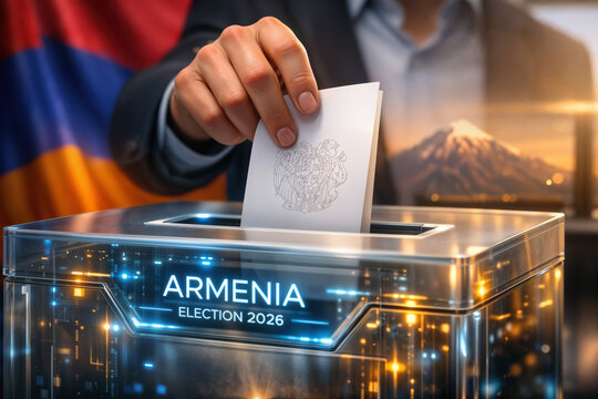 Armenia Election 2026 ballot box close-up voter inserting paper ballot into transparent digital urn with Armenian coat of arms Mount Ararat flag backdrop democratic voting