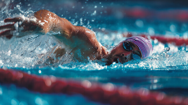 Male swimmer performing freestyle stroke in indoor pool, dynamic motion, splashing water, athletic training, fitness and competitive sport concept.