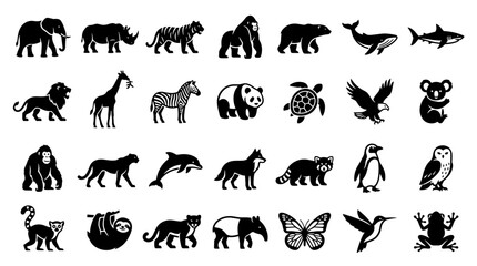Fototapeta premium Diverse Collection of Animal Silhouettes Featuring Mammals Birds Insects and Marine Life on White Background