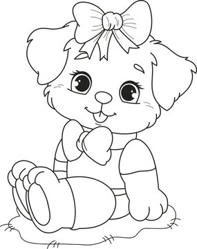 Coloring page outline of cartoon smiling cute little dog. Colorful vector illustration, summers coloring book for kids.