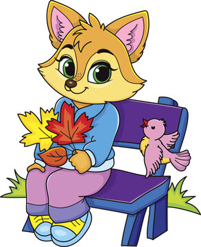 Coloring page outline of cartoon smiling cute beautiful fox with bird. Colorful vector illustration, summer coloring book for kids.