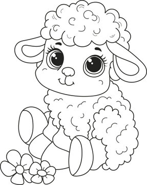 Coloring page outline of cartoon cute little baby sheep. Colorful vector illustration, summer coloring book for kids.
