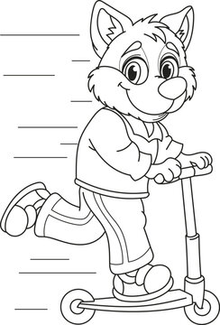 Coloring page outline of cartoon smiling cute fox on a scooter. Colorful vector illustration, summer coloring book for kids.