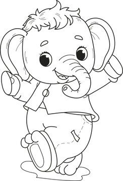 Coloring page outline of cartoon smiling cute girl elephant. Colorful vector illustration, summer coloring book for kids.