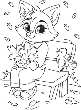 Coloring page outline of cartoon smiling cute beautiful fox with bird. Colorful vector illustration, summer coloring book for kids.