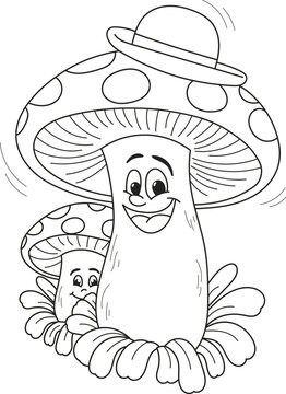 Coloring page outline of the cartoon cute mushrooms. Colorful vector illustration, summer coloring book for kids.