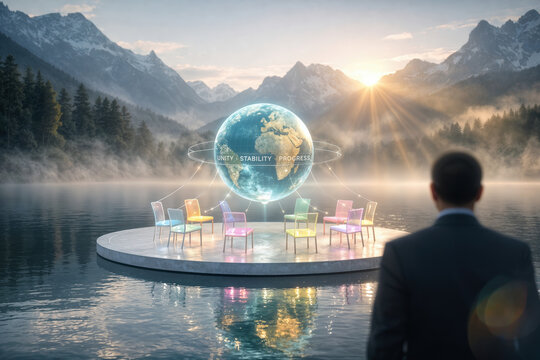 G7 Summit 2026 minimalist alpine diplomacy installation with seven glowing glass chairs circular platform holographic globe Unity Stability Progress Haute-Savoie lake