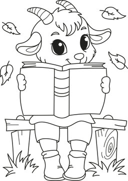 Coloring page outline of the cartoon smiling cute little goat with a book. Colorful vector illustration, summer coloring book for kids.