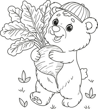 Coloring page outline of the cartoon smiling cute bear with vegetable. Colorful vector illustration, summer coloring book for kids.