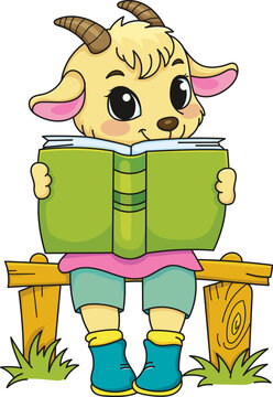 Coloring page outline of the cartoon smiling cute little goat with a book. Colorful vector illustration, summer coloring book for kids.