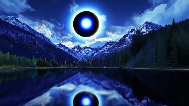 Dark celestial body over a tranquil mountain lake