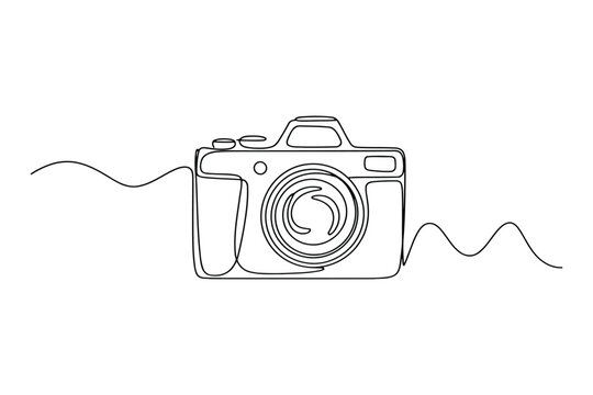 Black and white line of a camera with lens and strap line black and white minimalist