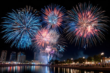 Obraz premium Fireworks light up the night sky over a city waterfront