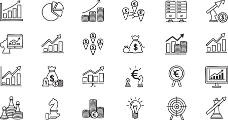 Fototapeta premium Black line of business analytics and finance symbols line black and white