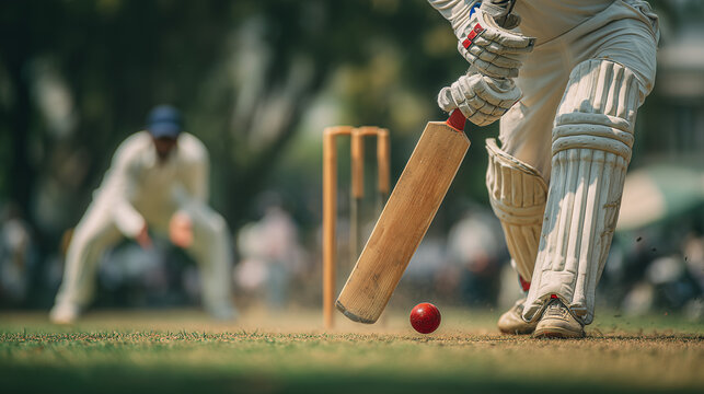 Professional cricket match action scene featuring a right handed batsman striking the ball with power on a stadium pitch, capturing motion, intensity, and sports energy.