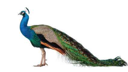 Fototapeta premium Stunning peacock with brilliant iridescent blue and green plumage and ornate tail feathers