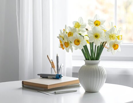 A bouquet of white and yellow daffodils sits in a ribbed white vase on a white table next to a stack of books and writing utensils, with sheer curtains in the background.