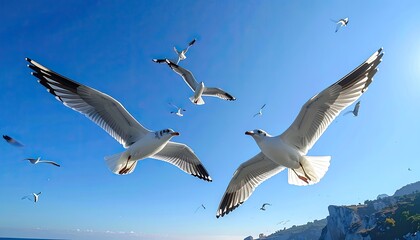 Obraz premium A flock of seagulls soars against a bright blue sky with distant cliffs.