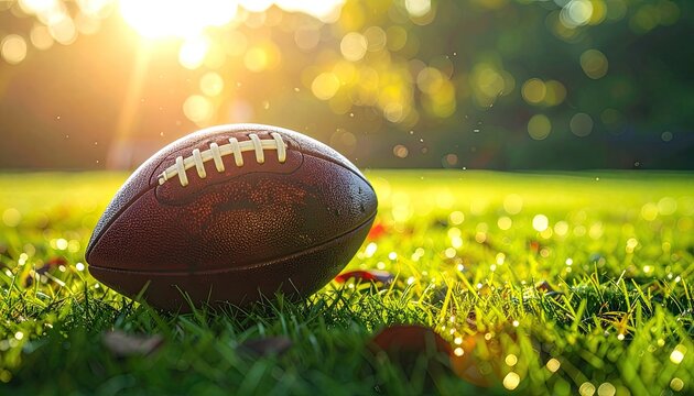 American football resting on a grassy field during a sunset.