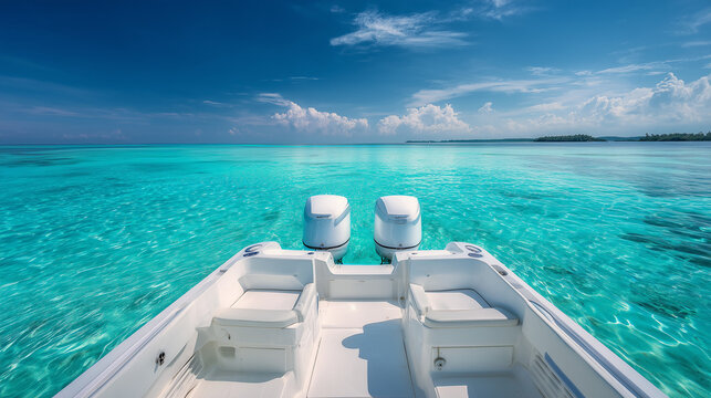 Rear view of a modern white luxury motorboat with twin outboard engines cruising on open water, showcasing sleek design, power, and premium marine lifestyle.