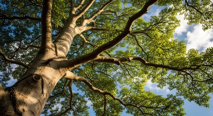 Fototapeta premium Low Angle View of a Large Green Tree Canopy Under Blue Sky