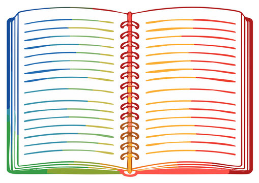 Vibrant open spiral notebook featuring colorful rainbow lined pages illustration for creativity and learning